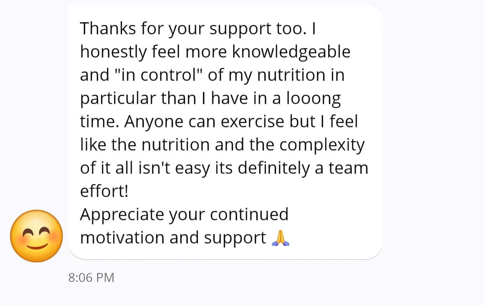 Client message about feeling more knowledgeable and in control of nutrition