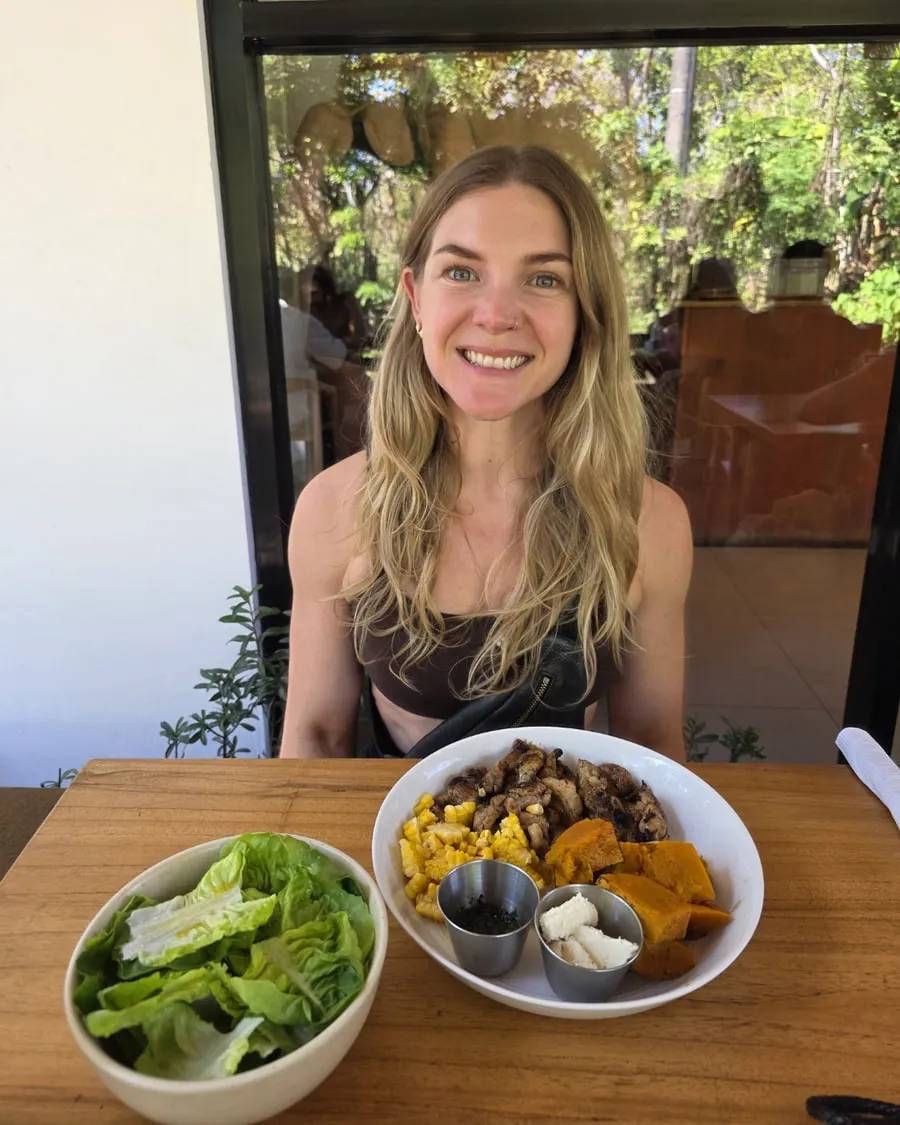 Natalie eating out, a balanced plate