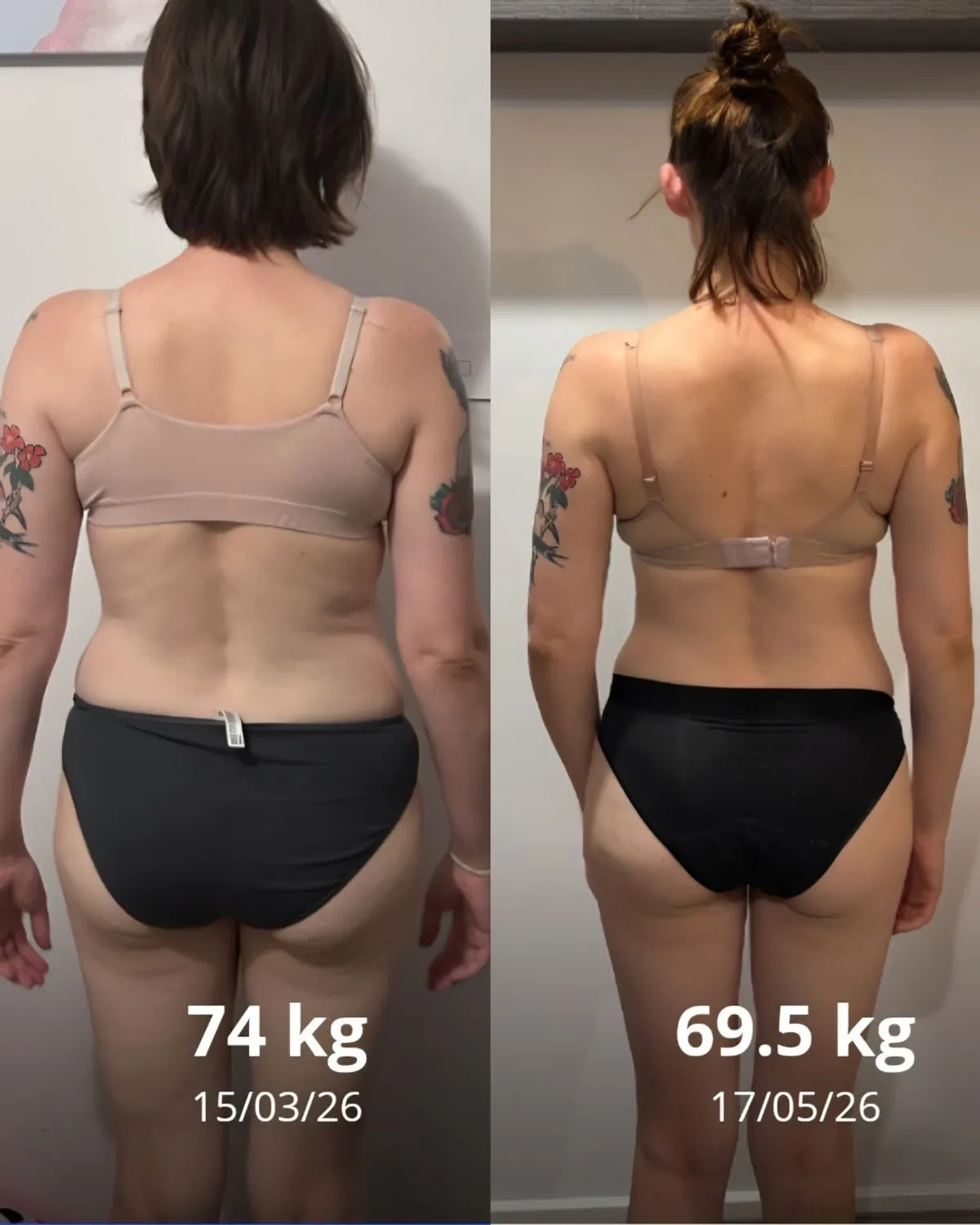Holly, before and after, back view, 74kg to 69.5kg