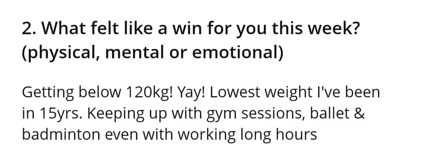 Client check-in: lowest weight in 15 years, keeping up with sport and long hours