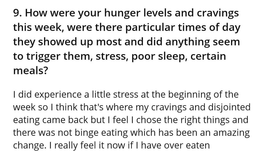 Client check-in about hunger levels, cravings and no binge eating